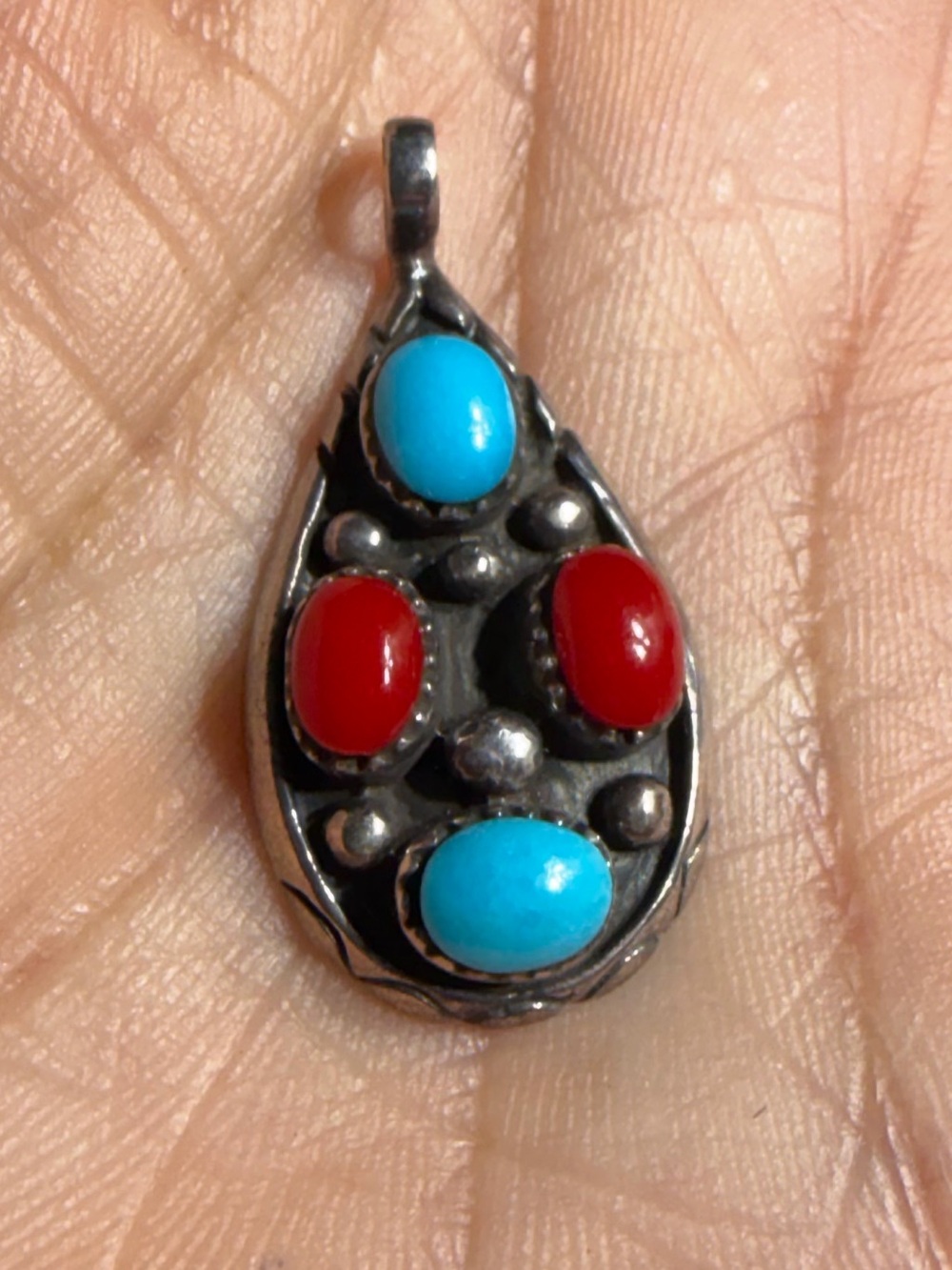 Vintage 925 Sterling Silver Teardrop Turquoise Coral Pendant